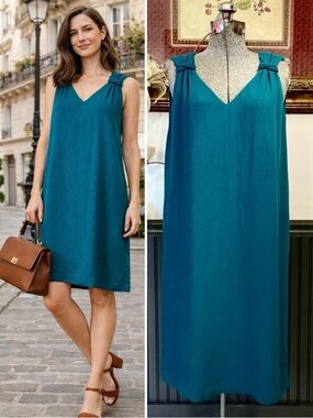 Comptoir des Cotonniers French Textured Teal Knot Shoulder Shift Dress Sz L 💚🎀